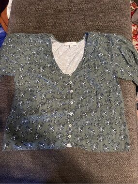 LOFT Sage Green Floral Button-Up Top